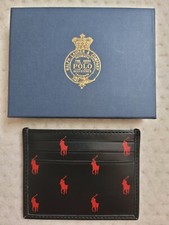 Polo Ralph Lauren Black Red Leather Card Case Wallet Pony Logo Print  Gift Box