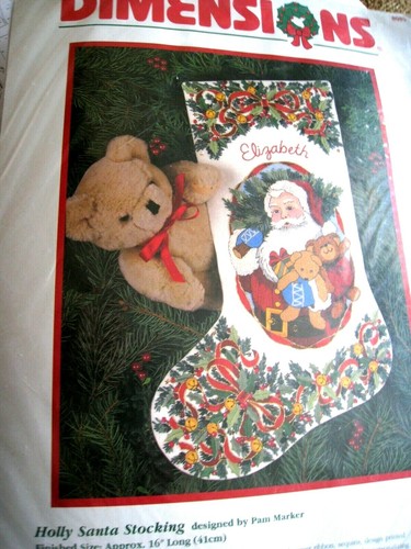 Dimensions Crewel Stitchery Christmas Stocking KIT, HOLLY SANTA,8089,Marker,16" - Picture 2 of 10