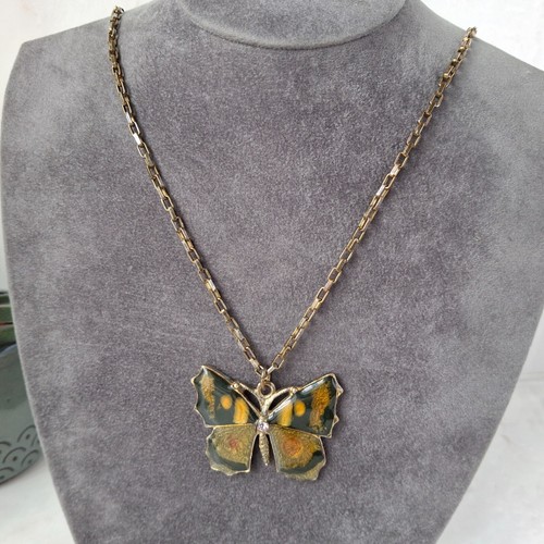 Enamel Butterfly Pendant Necklace Rectangle Chain Bronze Tone Retro Rhinestone