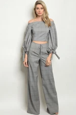 Gray Checkered Top and Wide Leg Pants Set Size Small Business Attire Puff Sleeve