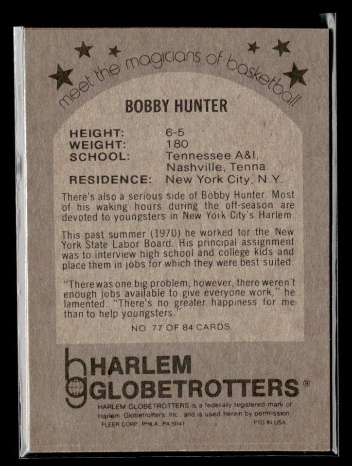 1971 Fleer Harlem Globetrotters #76 Bobby Hunter Nm/M - Image 2 of 2