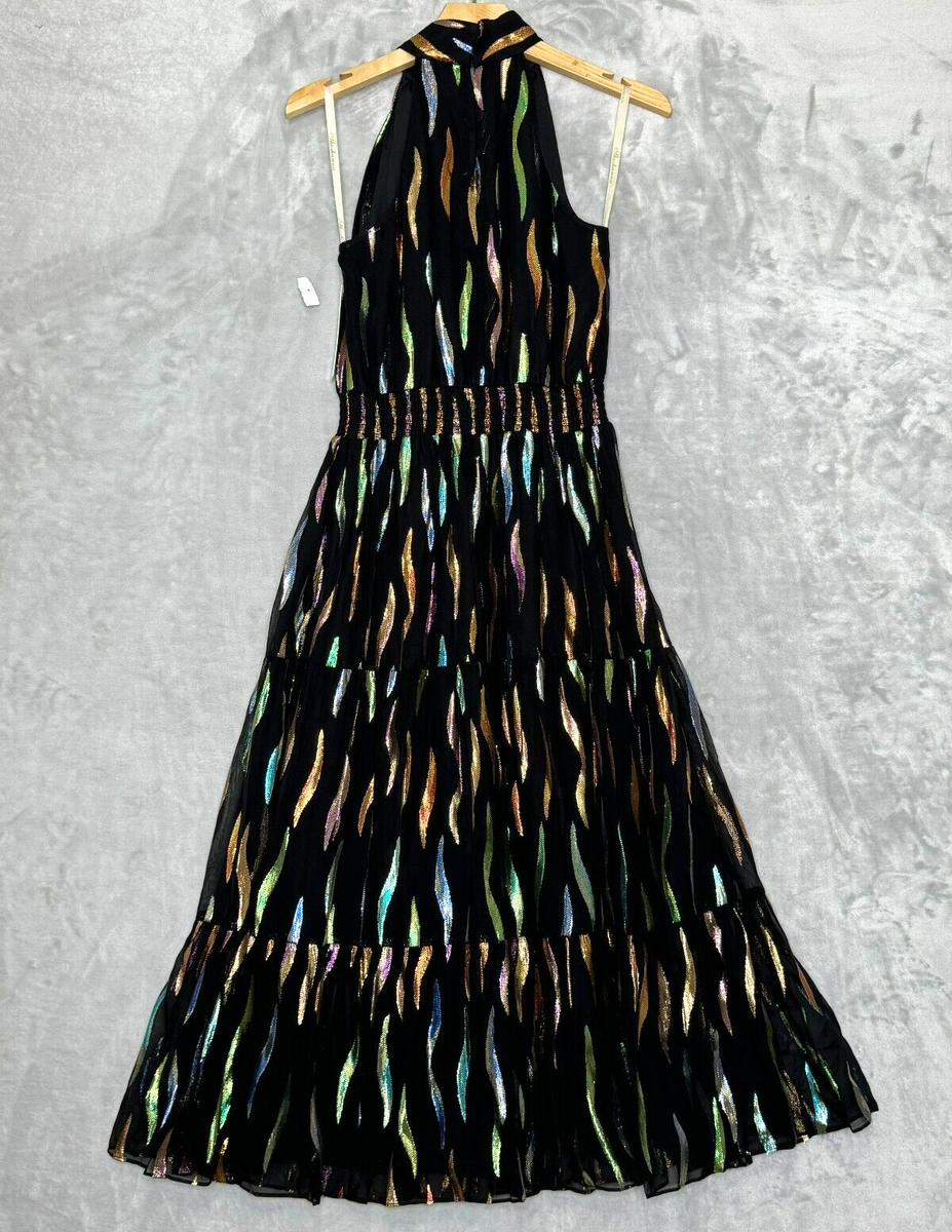 Shoshanna Dress Womens 4 Black Rainbow Metallic Halter Midi NEW Bow  Sleeveless | eBay