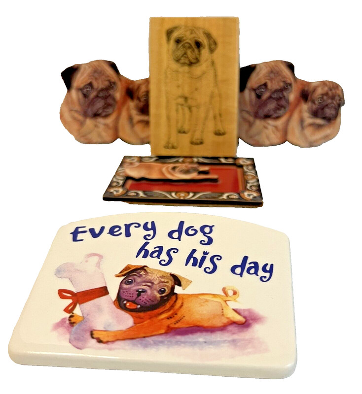 Lot of 4 Pug Dog Collectables - Magnets, Rubber Stamp, and Small Easel Mount Art