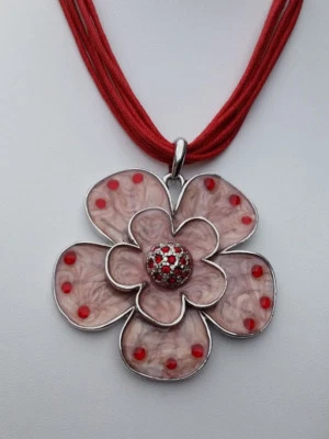 Bänderkette Blumen Anhänger 5,5 cm silberfarben rosa rot K 190 - Bild 1 von 4