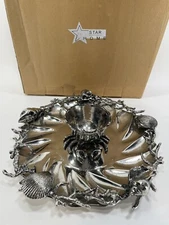 STAR HOME seashells chip and dip metal round tray w/ deep Crab Dipping bowl