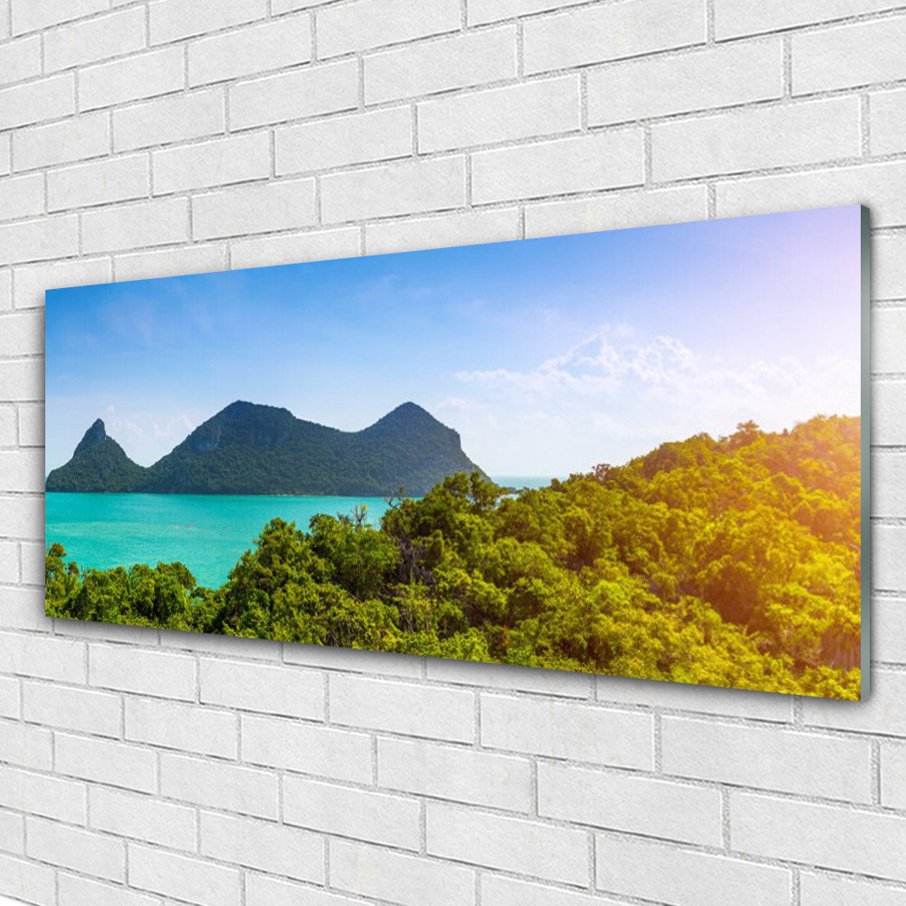 Tableau mural Image sur Plexiglas 125x50 cm motif paysage montagnes arbres mer