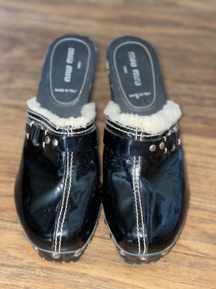 MIU MIU Black Patent Block Heel Silver Studs Buckle Clogs MIU MIU Black Patent Block Heel Silver Studs Buckle Clogs