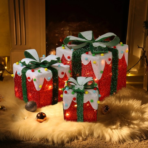 3x Xmas 60 Led Pre Lit Light Up Christmas Parcel Gift Box Set With Tinsel & Bow - Picture 2 of 8