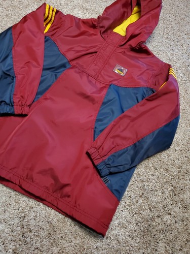 Vintage Adidas Windbreaker Jacket Medium Boys Burgundy Nylon Hooded Pullover 90s - Picture 2 of 11