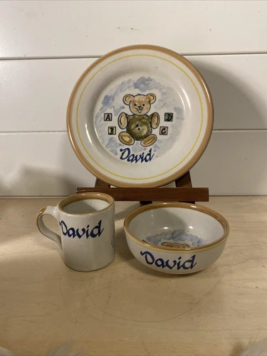 Vintage Louisville Stoneware Pottery Teddy Bear ABC Blocks 3Pc David Dish Set EC