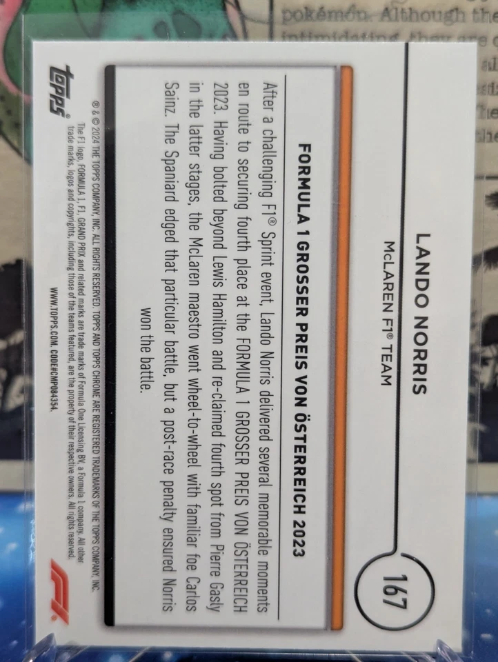 2024 Topps Chrome Sapphire Formula 1 F1 Racers Lando Norris McLaren #167 - Image 2 of 3