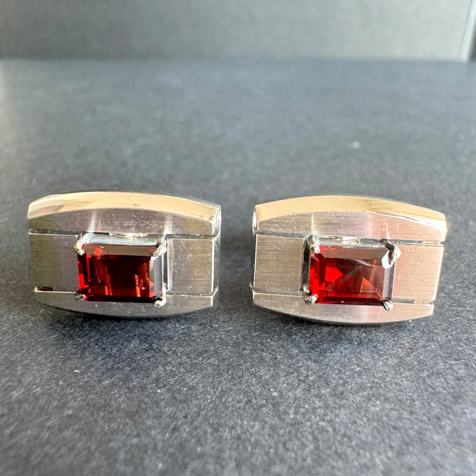 Vintage Silver Garnet Cufflinks Rectangular Red S… - image 1