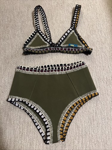 Kiini Tasmin Bikini Yellow OLIVE GREEN Crochet Trimmed Swimsuit Set Size S