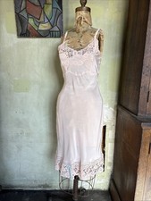 Vintage 1940s Pink Rayon Slip Dress Lingerie Sleepwear Floral Lace Trim