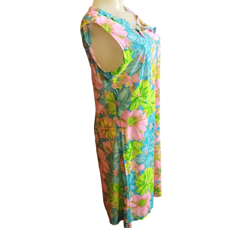 Talla 10 Vestido Vintage Años 60 1OF1 Hecho a Mano Floral Sin Mangas Lazo Verano Iglesia Mamá Foto 2 de 4
