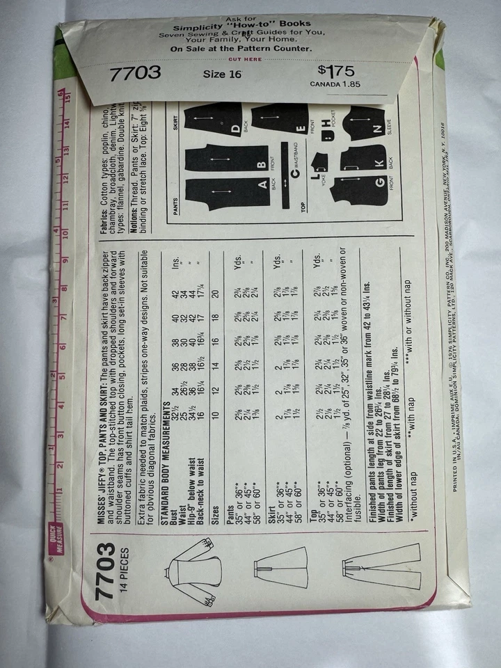 Simplicity Vintage Pattern 7703 Womens Jiffy Top Pants Skirts SZ 16 UNCUT;FF - Image 3 of 4