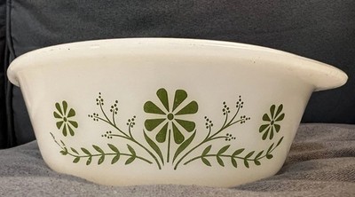 Glasbake J2800 White Milk Glass Mixing Bowl, Green Floral Pattern, 1950s