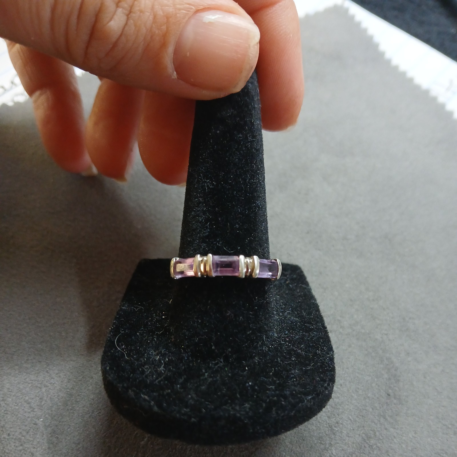 Rectangle Amethyst 3 Stone 925 Ring - image 17
