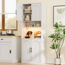 Kitchen Hutch Cabinet with LED Light  Microwave Stand, Barn Doors Storage White