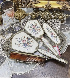Vintage Floral Needlepoint Look Vanity Set Mirror Brush Comb Tray