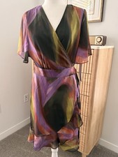 Nicole Miller S14 Women’s Wrap Dress Purple/black/ Green Shimmer Knee Length