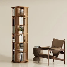 6-Tier Bamboo Rotating Bookcase Tower, 360° Swivel Bookshelf with Floor Storage