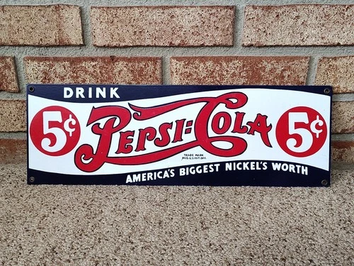Vintage Ande Rooney Porcelain Enamel Advertising Sign Drink Pepsi Cola 18" X 6"