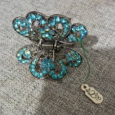 Blue Silver Metal Rhinestone Flower Hair Claw Clip, Floral Decorative, Women