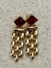 Vintage Swarovski Gold Tone Garnet Earrings Dangle Watch Chain Link Clip-on — photo 2