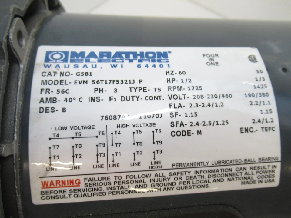 G581 Marathon 1/2Hp, 1725Rpm, Frame: 56C-65, 3 Phase A.C. Motor - Image 2 of 4
