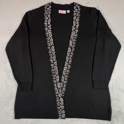 Quacker Factory Sweater Womens 1X Black Open Front Cardigan Rhinestone Trim
