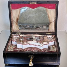SALE French 1800 Black Lacquer Box Sewing Etui  with Sterling Silver Implements