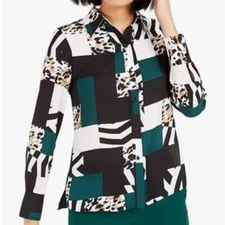Bar III Abstract Print Button Up Blouse Size 2X Animal Color Block Geometric Art
