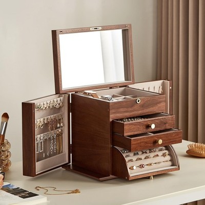 Black Walnut Wooden Jewelry Box, Wood Jewelry Organizer with 2 Side Doors Mir...