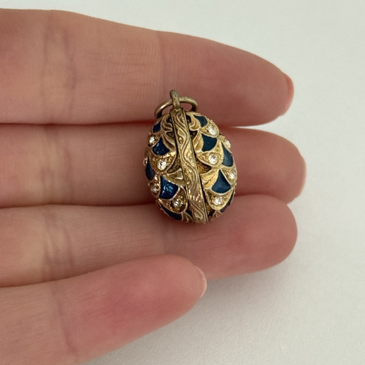 Vintage Blue Enamel 3D Egg Clear Crystal Gold Tone Pendant View 3