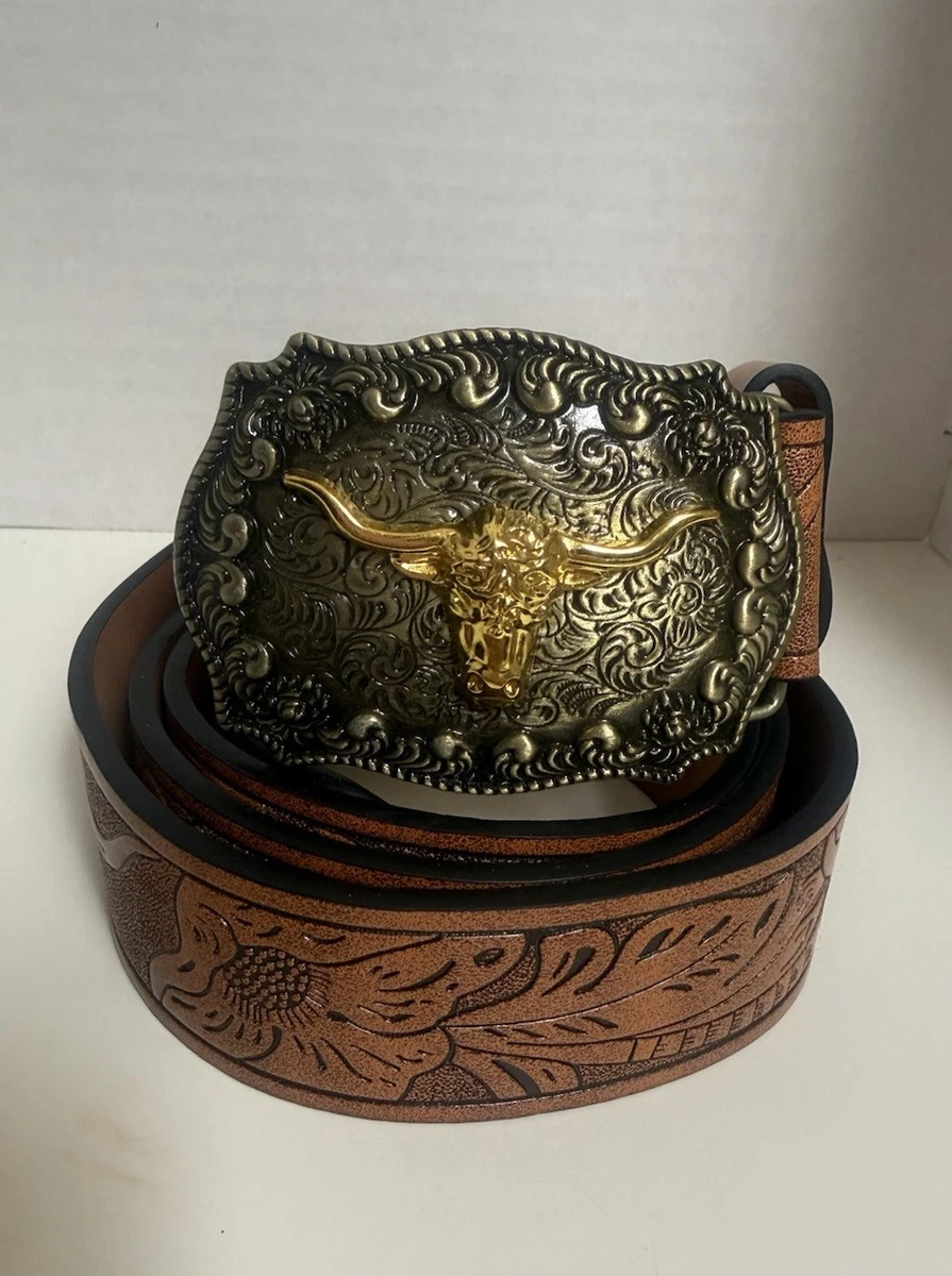 Boucle De Ceinture Western Vintage - Longhorn Steer Bull - Ovale - Années 1980