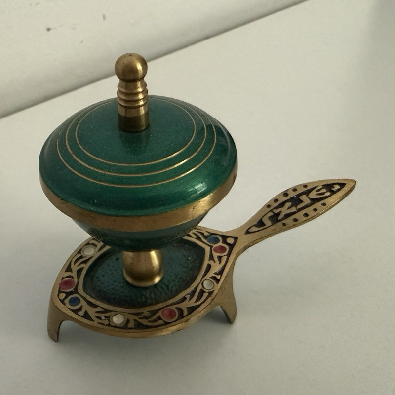 Brass Green Enamel Lidded Incense Burner Holder w/ Handle