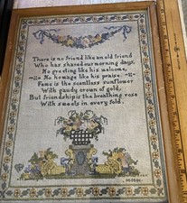 Vintage Emboidered Sampler 13”x 10” gerahmt 1920’s-1940’s. Bunt