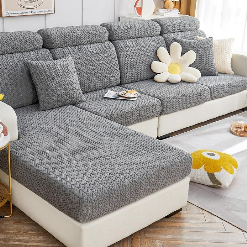 как выглядит Pet-Friendly Stretch Sofa Cover - Easy-Care, Anti-Slip Design in Wheat-Gray фото
