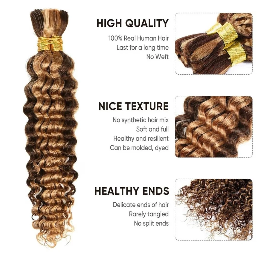 20" Human Braiding Hair Deep Wave Bulk Human Hair for Boho Braids Hair Extension - Image 2 of 3