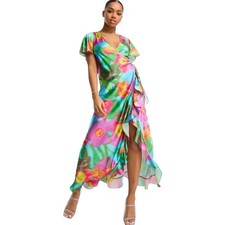 ASOS Design Floral Print Ruffle Wrap Satin Dress, Size 6