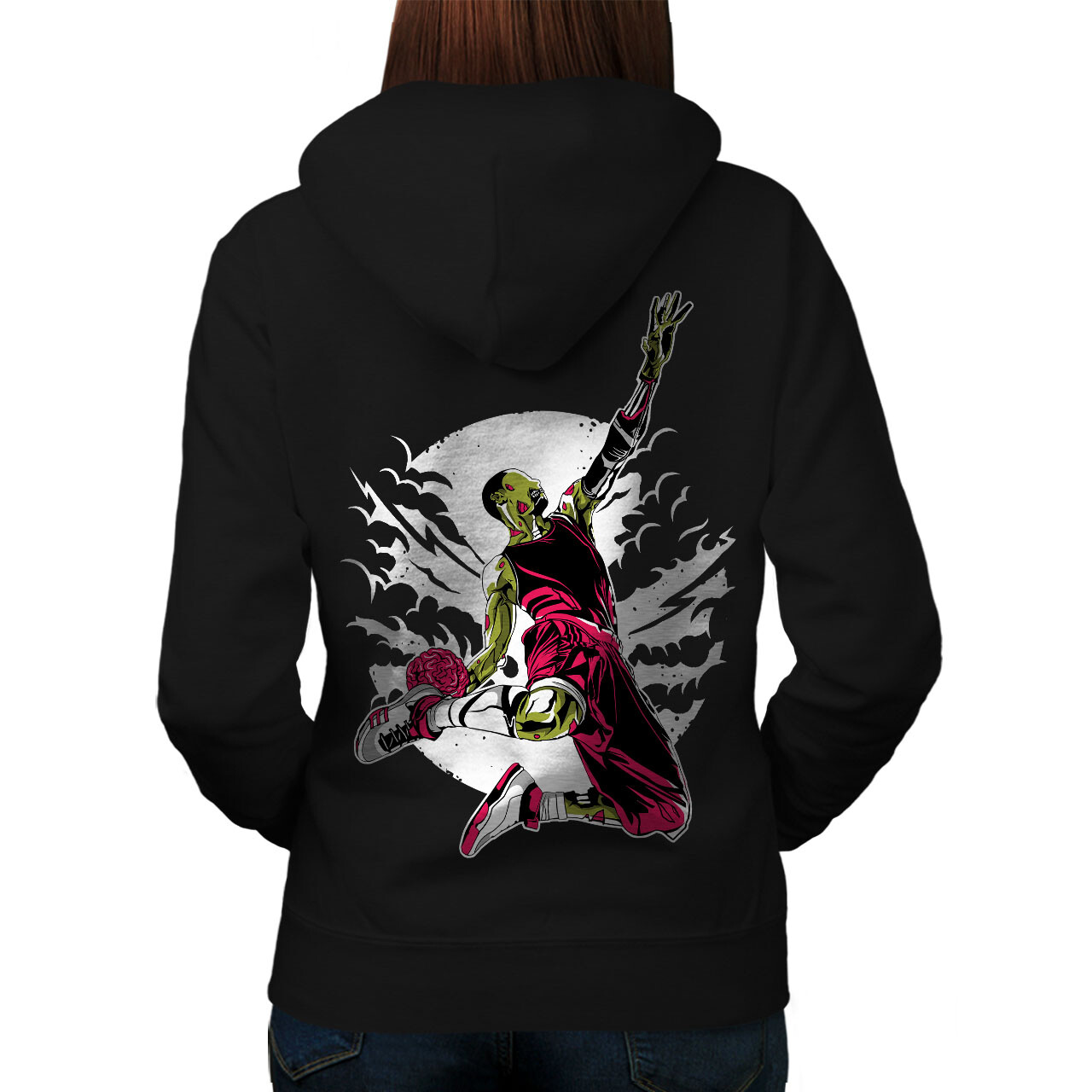 Wellcoda Zombie Dunk Basketball Womens Hoodie Back