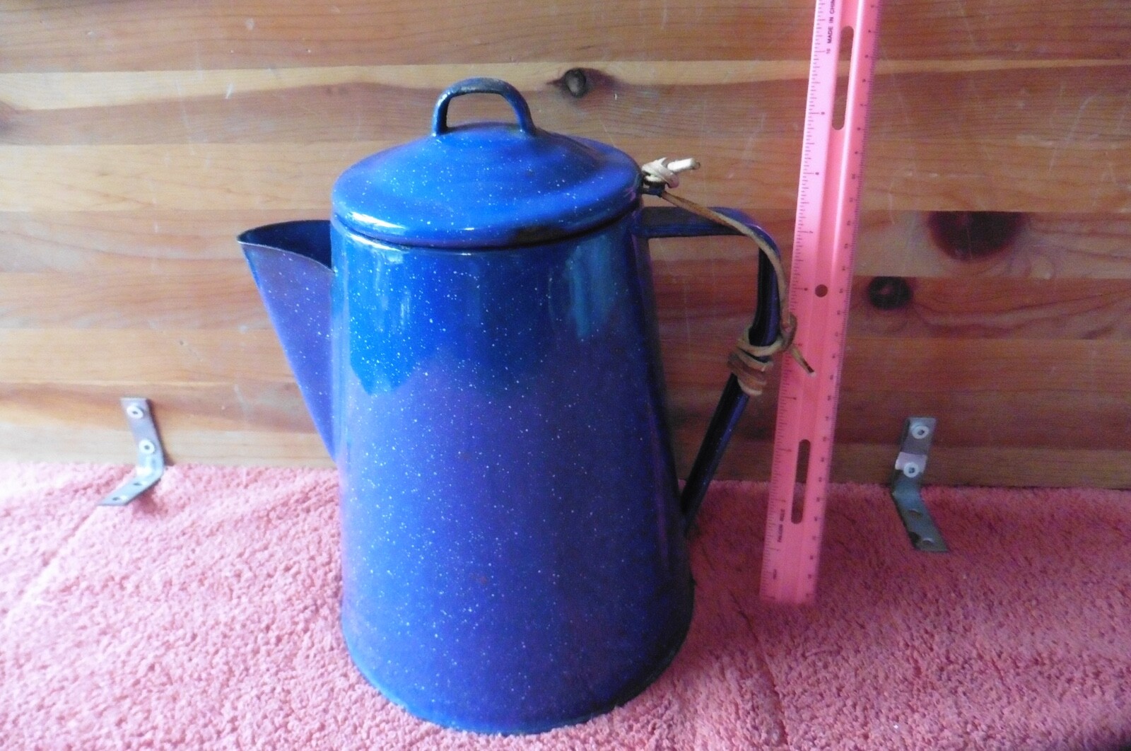 Vintage Camping Coffee Tea Pot Kettle Outdoor Deep Blue White Specks