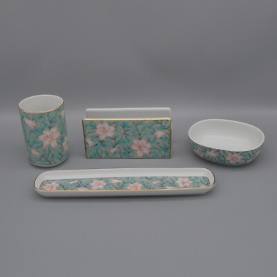 Serenade Otagiri Japan 4pc Desk Vanity Set Pink Lily Flower Teal Leaf Porcelain