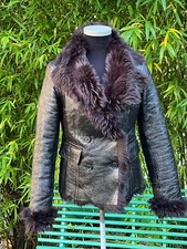 Strenesse Blue Genuine Shearling Jacket Patent Crackle Leather - Size Xs / Uk 8