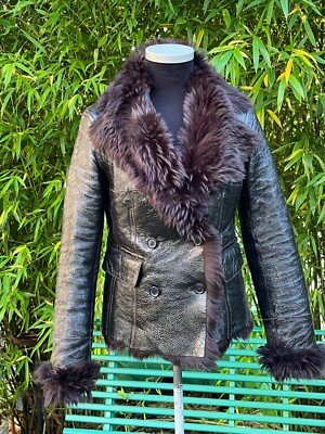 Strenesse Blue Genuine Shearling Jacket Patent Crackle Leather - Size XS / UK 8