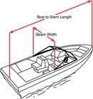 White 6.25oz SEMI-CUSTOM BOAT COVER with red bow to stern length and beam width diagram on a blue water background.
