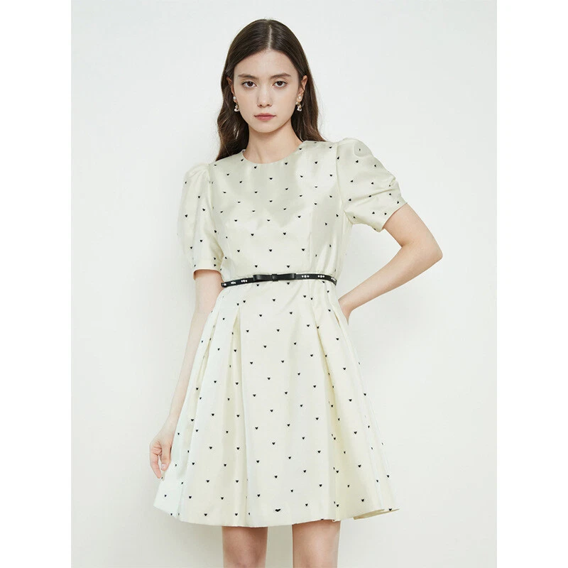 OFF WHITE Abito corto donna manica a sbuffo linea A estivo sera festa dolce casual zip