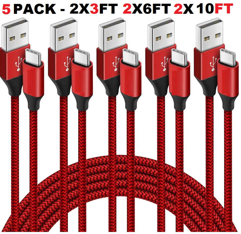 5 Pack Braided USB C Type-C Fast Charging Data SYNC Charger Cable Cord 3/6/10FT - Image 2 of 4