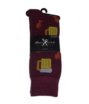 Crew Socks 1 Pr. Maroon Men Size 6-12 Beer Mugs Chicken Legs Novelty Marc Ecko